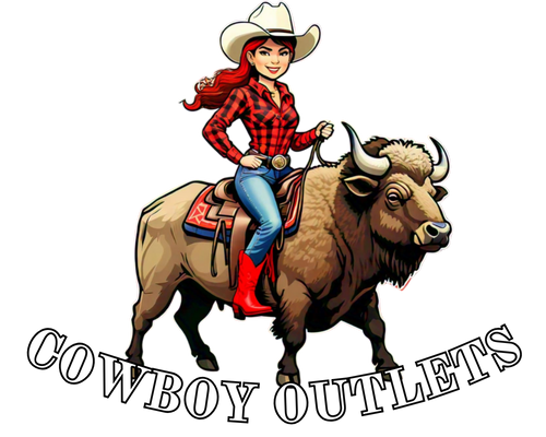 Cowboy outlets logo of a redheaded cowgirl with red western boots and a white hat riding an American buffalo